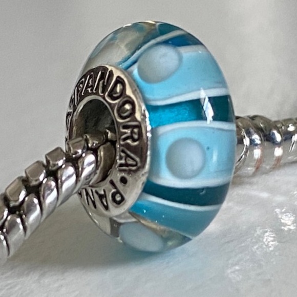 Pandora Jewelry - PANDORA Silver 925 ALE Murano Glass Screw Core Blue Stripes With White Dots Bead